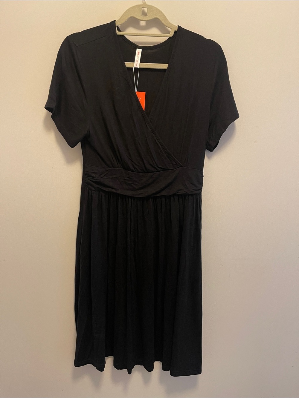 Classic Black Wrap-Style Midi Dress with Defined Waist